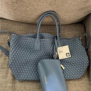 Anne Klein Blue Woven Tote with Pouch